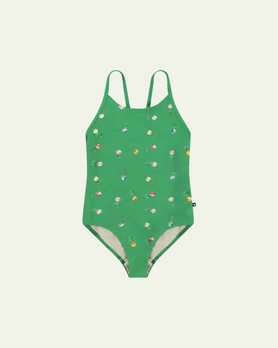 Girl's Nanna Embroidered Floral-Print Swimsuit, Size 8-14